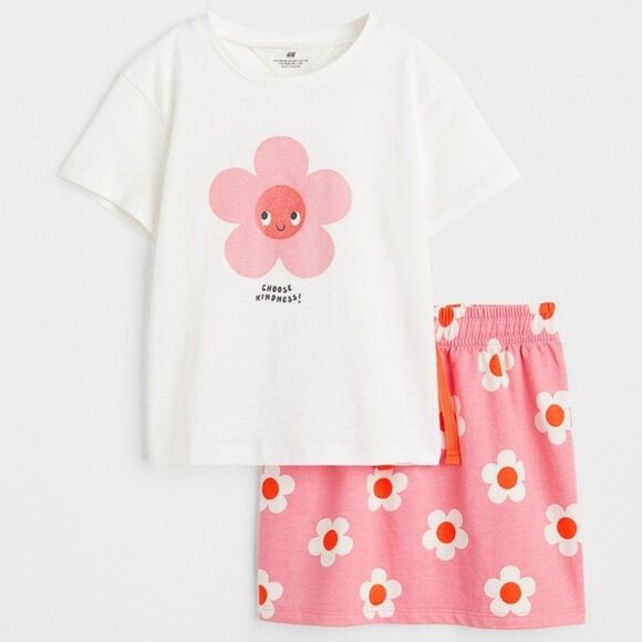 H&M Girls Pink Flowers Floral "Choose Kindness!" T-shirt & Skirt Outfit Size 6x - Picture 1 of 9